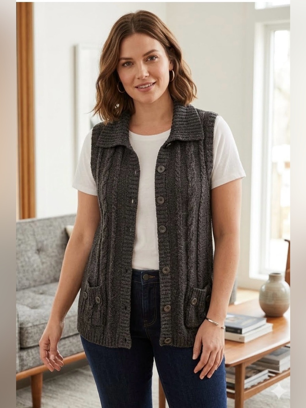 Style & Co Gray Y2K Cable Knit Button Front Sweater Vest with Pockets Size L